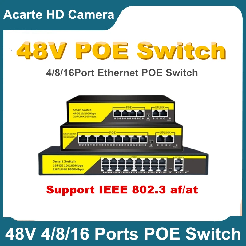 48V POE Switch 4/8/16Port Ethernet Switch 10/100Mbps IEEE 802.3 af/at For IP Camera/Wireless   AP/CCTV Security Camera