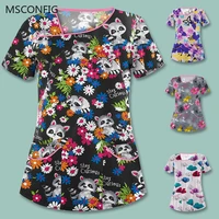 new cute cartoon print female nursing frosted top t shirt casual short sleeved frosted uniform nurse v neck pocket clothes