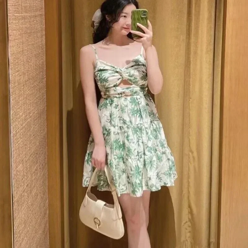 

2023 Summer New Printed Waist Hollow Sling Dress Women