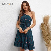 keby zj elegant dresses for women floral print party summer dress short sleeves oblique collar urban casual fashion short dress