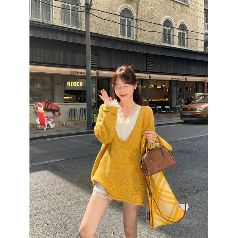 Ранняя осень новый французский свитер в стиле ретро ленивый светр ярких цветов с