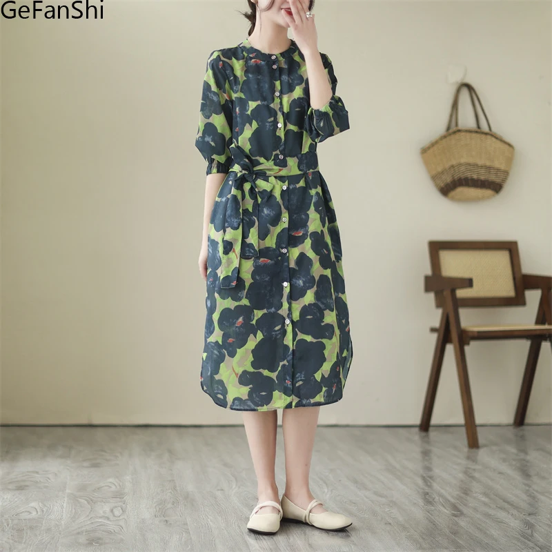 

2023 Spring Summer Half Sleeve Print Button Shirt Dresses For Women Loose Casual Vintage Dress Fashion Elegant Clothes