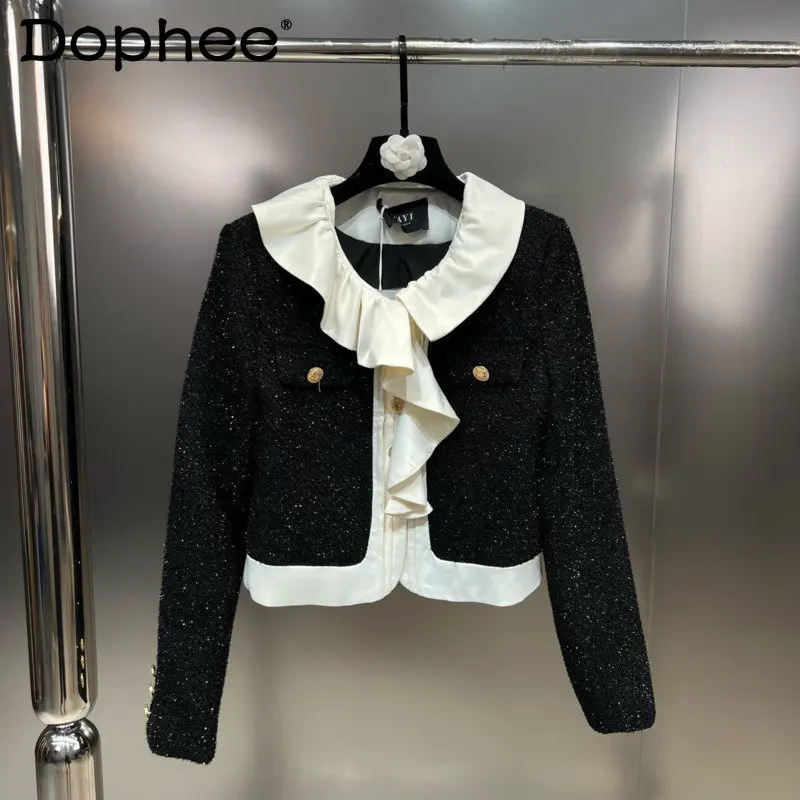 

2022 Winter New Arrival Long Sleeve Ruffled Collar Ruched Metal Buttons Bright Silk Short Cotton Jacket Women