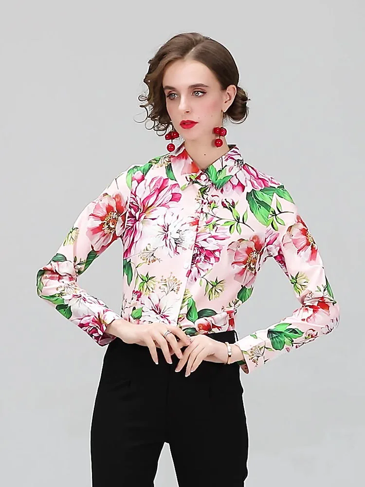 

Женская рубашка-поло с длинным рукавом, элегантная и гладкая модная облегающая блузка с розовым принтом, модель B26 на лето, 2022