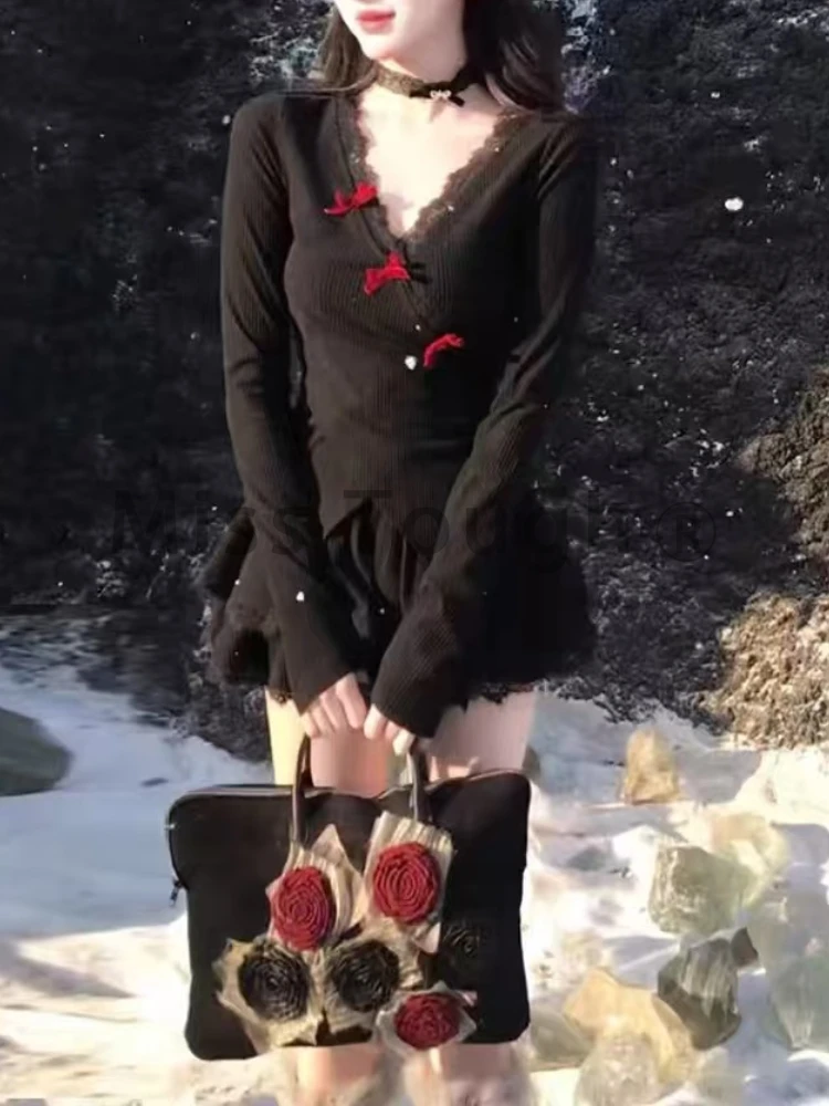 Японская мода сексуальный стиль черный ретро комплект из 2 предметов топы с