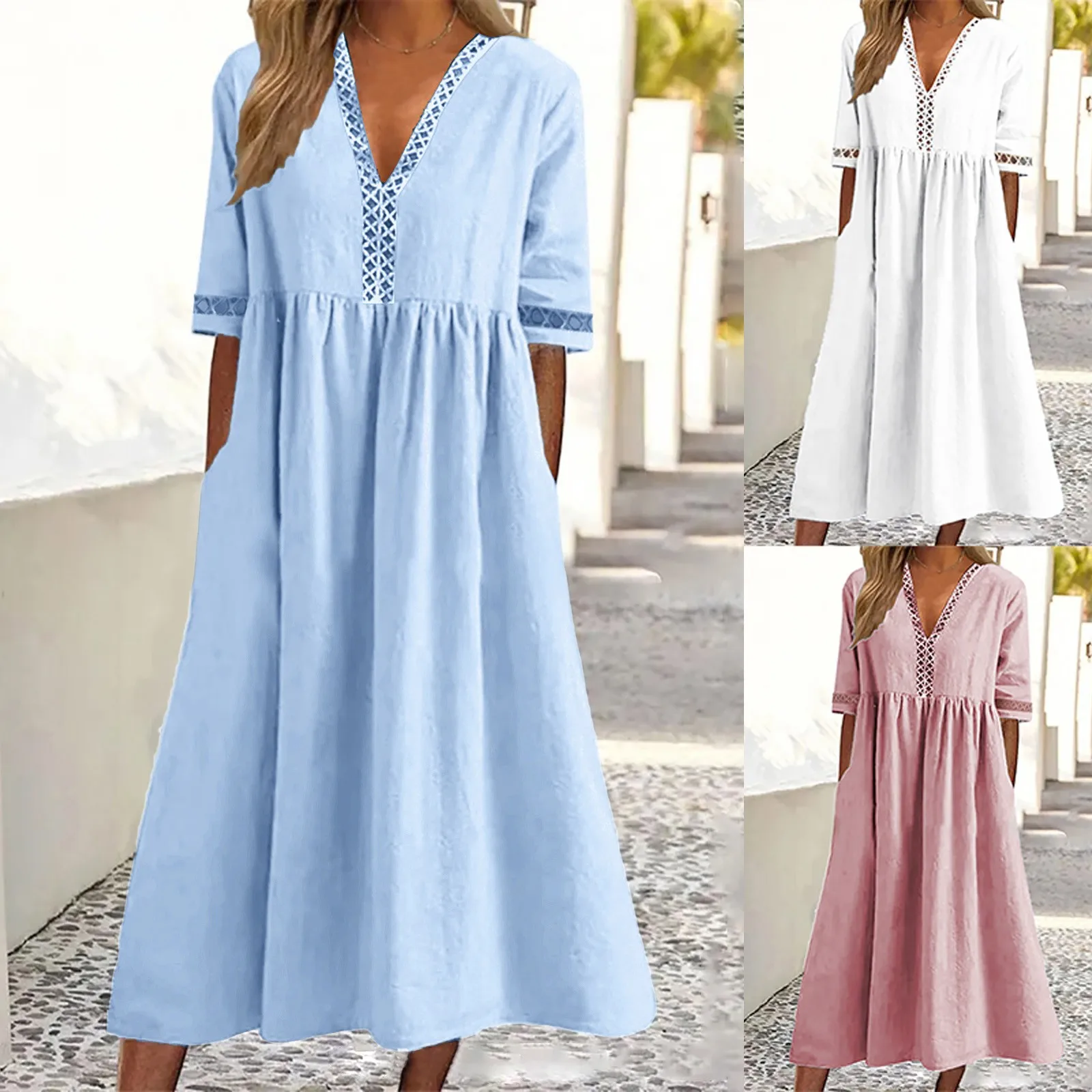 

Женское однотонное платье-макси с коротким рукавом и V-образным вырезом