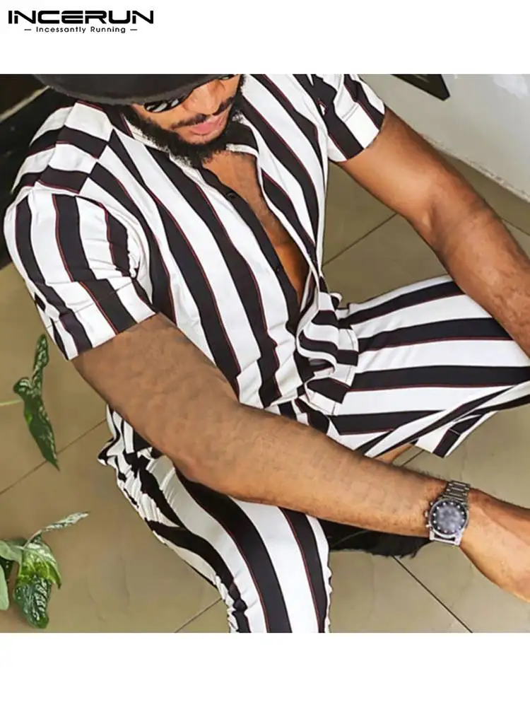 

Handsome All-match Men's Striped Short-sleeved Two-piece Suits INCERUN Male Casual All-match Short-sleeved Trousers Suits S-5XL