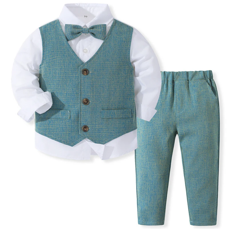 

4Piece Sets Spring Fall Kids Clothes Boys Korean Fashion Gentleman Plaid Long Sleeve Tops+Pants Children Boutique Clothing BC807