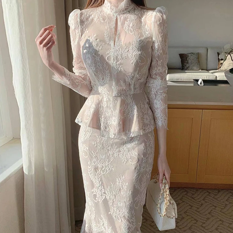 

Женская блузка с оборками WDMSNA, французская тонкая кружевная рубашка с завышенной талией и юбка на бедрах, весенний комплект из двух предметов, женская одежда