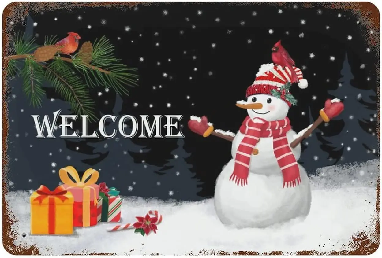 Добро пожаловать Wnter Snowmn Tn Sgns Snowy Pne Trees Metl Sgn Wll Vntge Br Decor 8x12 n