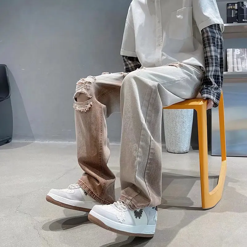 Denim Retro Ripped Patch Jeans Men Hot Sell Fashion Straight Casual New Style Streetwear Pants