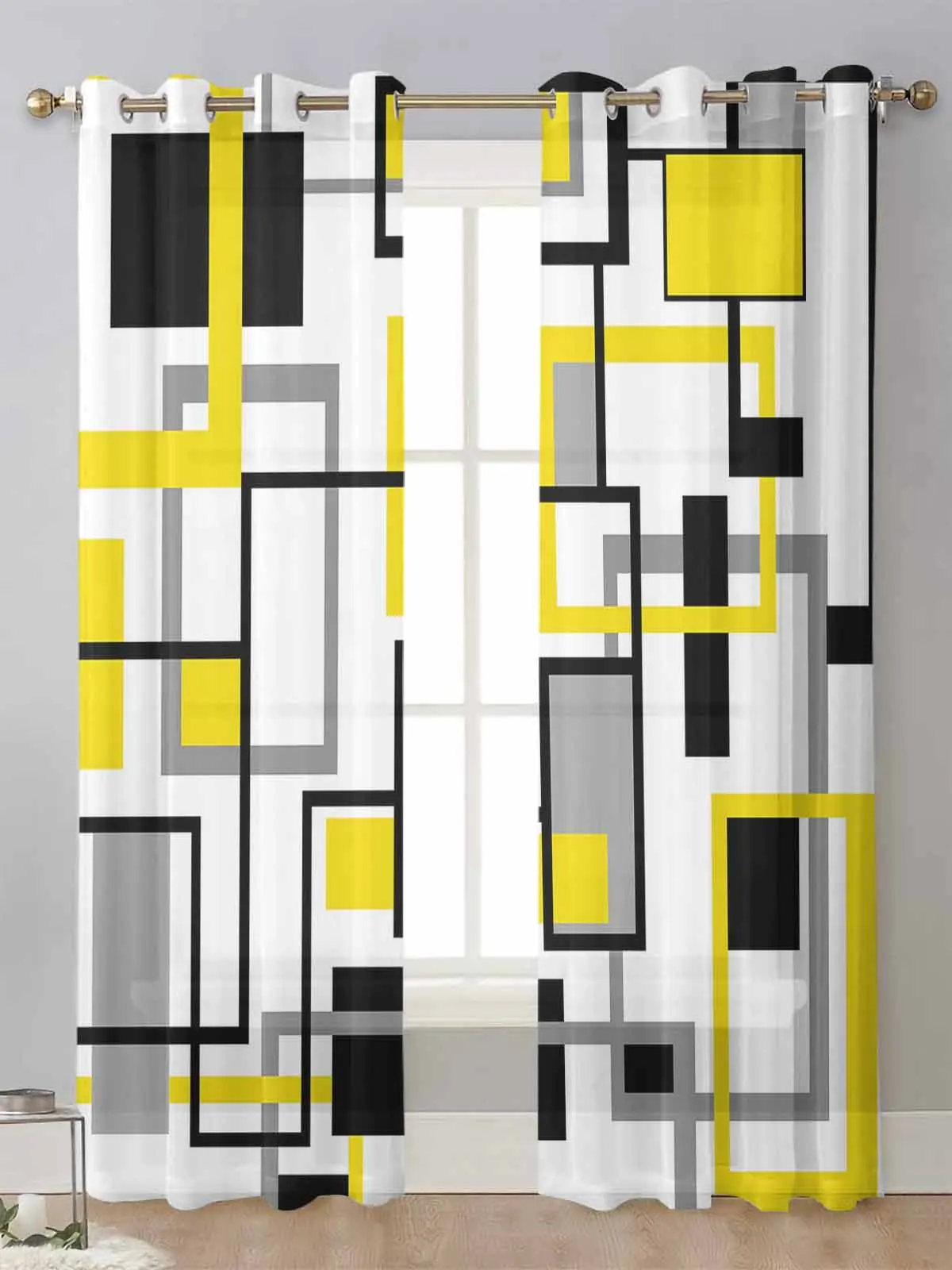 

Nordic Retro Medieval Geometric Abstract Yellow Sheer Curtains Living Room Window Voile Tulle Curtain Cortinas Drapes Home Decor