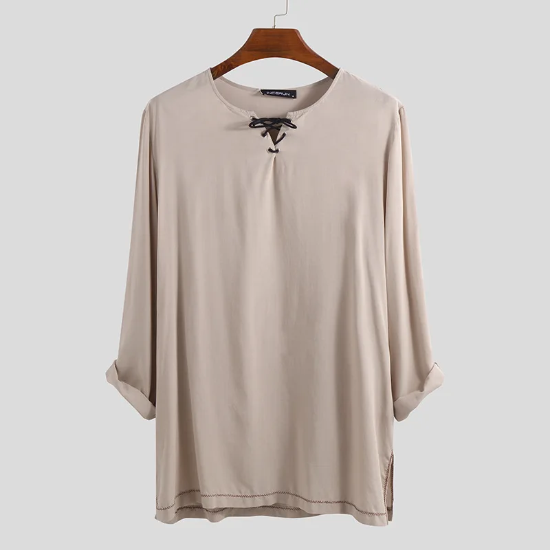 Рубашка Viking из хлопка и льна топы со шнуровкой длинными рукавами мужской