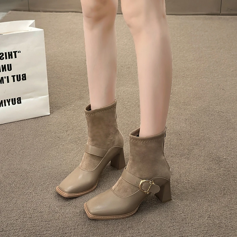 

Женские ботинки на молнии сзади, офисные ботильоны с квадратным носком и металлическим украшением, 2023