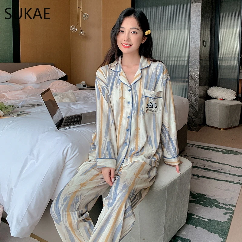 SUKAE M-5XL Autumn Winter Woman Pajamas Set Lady Home Clothes Faux Cotton Nightwear Lapel Pjs Fashion Turn-down Collar Sleepwear