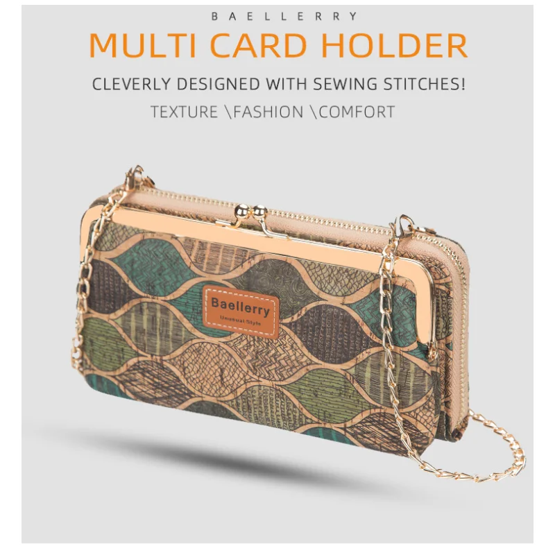 Women's Chain Shoulder Strap Bag Luxury Clutch Long Leather Wallet Floral Cork Pattern Small Handbag Phone Purse Crossbody Bags