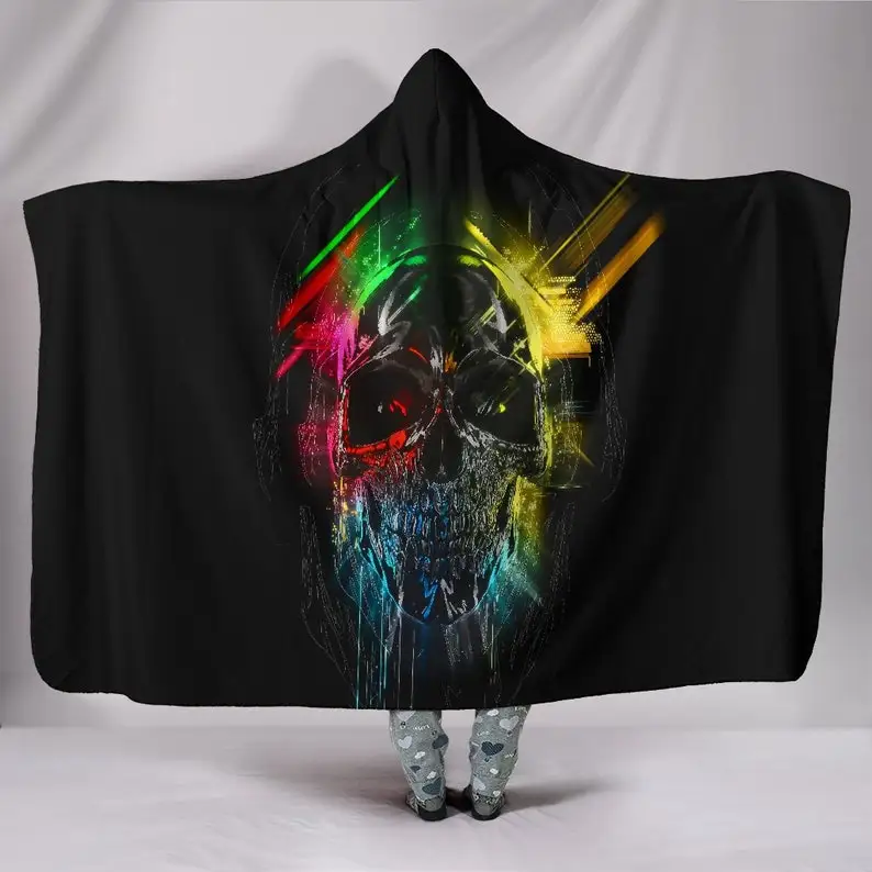 

Colorful Abstract Art Skull Black Hooded Blanket for Adults and Kids, Sherpa Blanket with a Hood, Soft Blanket