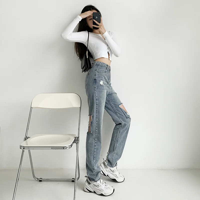 Ripped Jeans Woman High Waist Korean Fashion Denim Streetwear Straight Leg Jeans Women 2022 Vintage Clothes Women's Pants Y2k