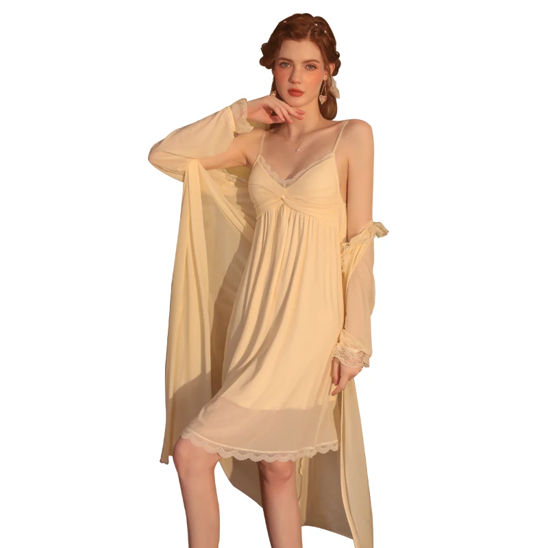 2023 Autumn Sleepwear Lingerie for Women Sexy Solid Color Pajamas Mesh Long Sling Nightdress Robe Homewear Set Night Wear