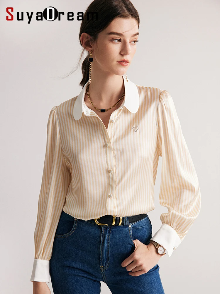 SuyaDream Women Striped Shirts 90%Silk 10%Spandex Single Breasted Chic Blouses 2023 Spring Summer Silk Yellow Top