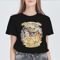 simple cute women t shirt cats against summer oversized funny cartoons print tshirts casual short sleeve o neck tops tees femme