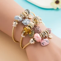women girl stainless steel cute cat rainbow crystal beads mixed bracelet adjustable rhinestone open cuff bangle diy jewelry