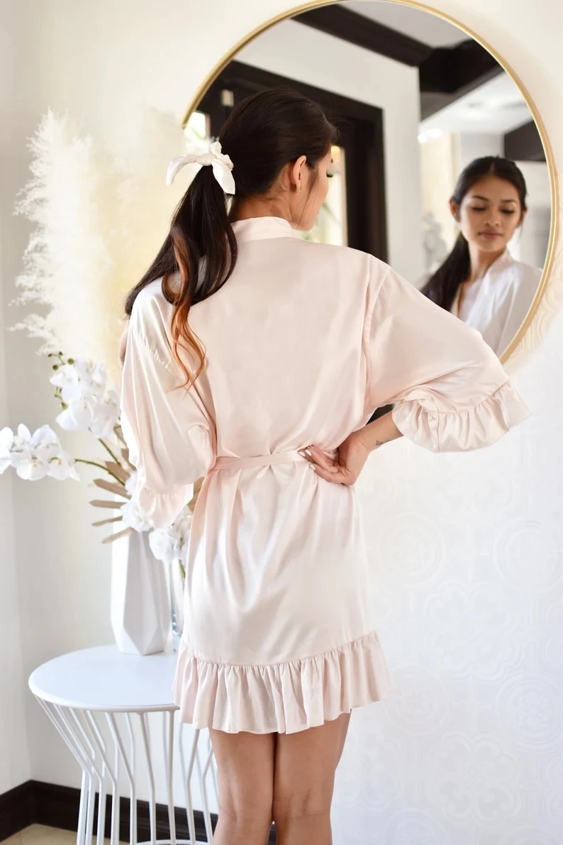 Bridesmaid Robes Ruffled Monogram Getting Ready Robes Wedding Unique Bride Dressing Gown Satin Personalized Kimono Custom Pretty
