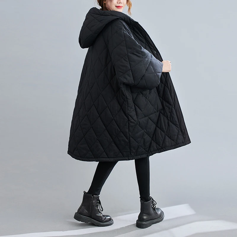 Literature and Art Long-sleeved Women's Autumn and Winter Style Loose Solid Color Mid-length Quilted Thick Hooded Cotton Coat