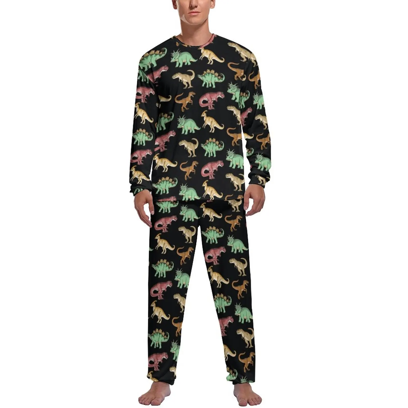 Cartoon Dinosaur Pajamas Spring Two Piece Cute Animal Print Cute Pajamas Set Male Long-Sleeve Room Design Nightwear