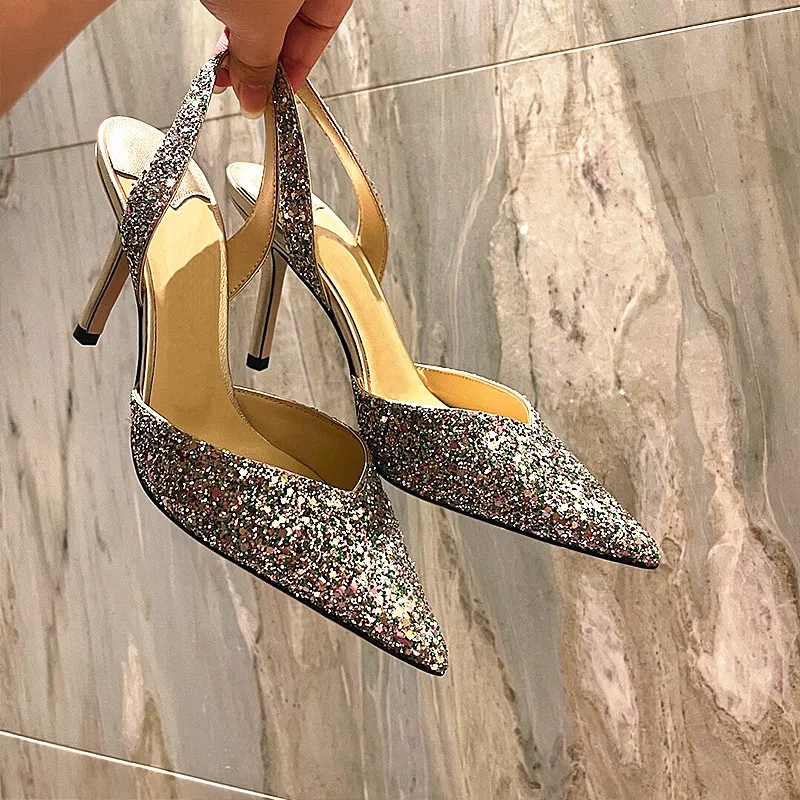 Women's High Heel Sandals 2023 Spring/Summer New Fashion Banquet Sequins Pointed Thin Heel Shallow Mouth Single Shoe