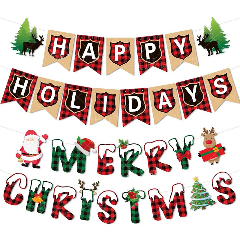 

Рождественский баннер в красную черную решетку, гирлянда в виде Санта-Клауса, лося, детский Декор для дома, рождественские подарки, новый го...
