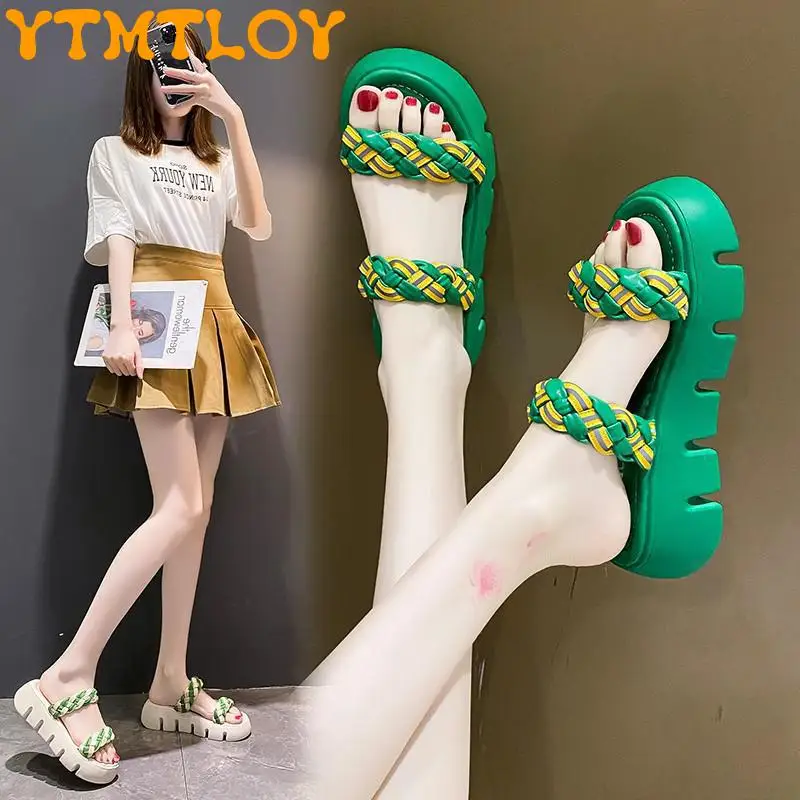 

Net Red Piano Bottom One Word Drag 2022 Summer New All-match Thick Bottom Beach Non-slip Sandals And Slippers For Women To Wear