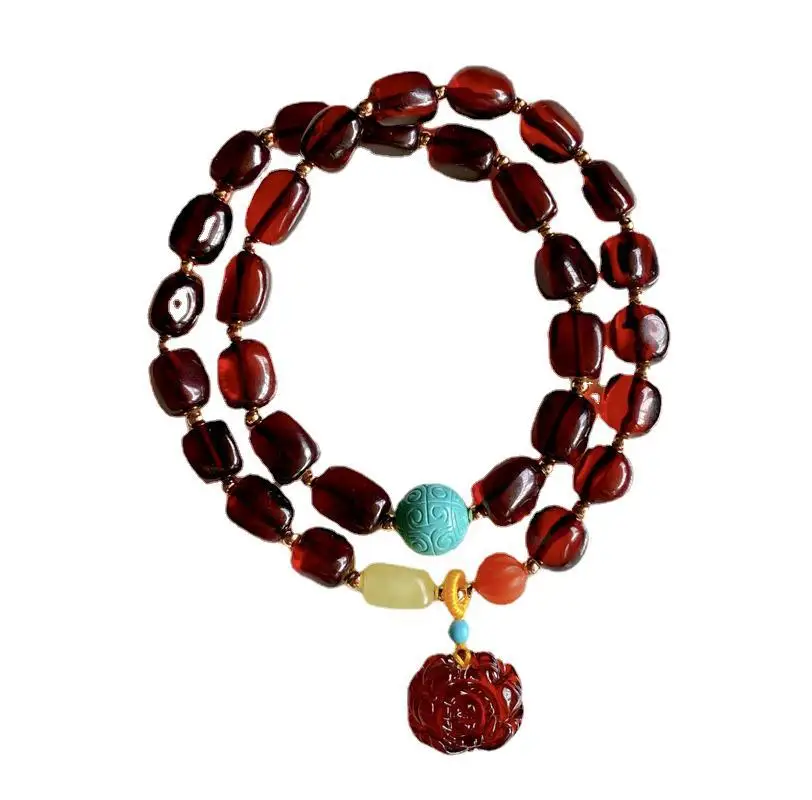 

100% натуральный красный Янтарный двойной Круглый браслет с бирюзовыми бусинами, очаровательный браслет с кровавым янтарем, Женский лечебны...