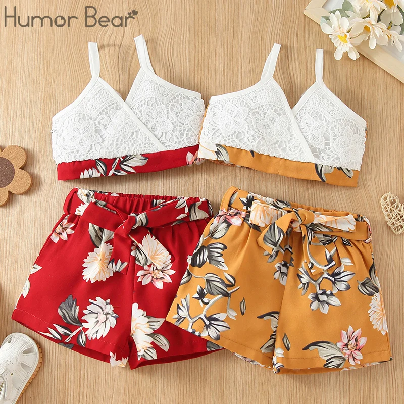 

Комплект одежды Humor Bear для девочек, лето 2022, кружевной топ на бретельках с V-образным вырезом и шорты с цветочным принтом, повседневная одежда...