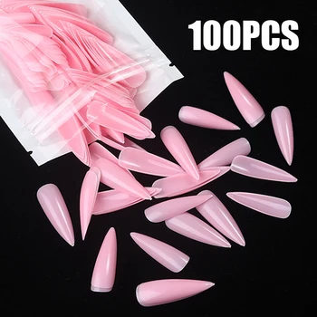 100PC Full Cover Fake Nails Mixed Color Black Red Pink Long Stiletto Press on Nail Art Tips 10 Size Acrylic False Nail Manicure 1