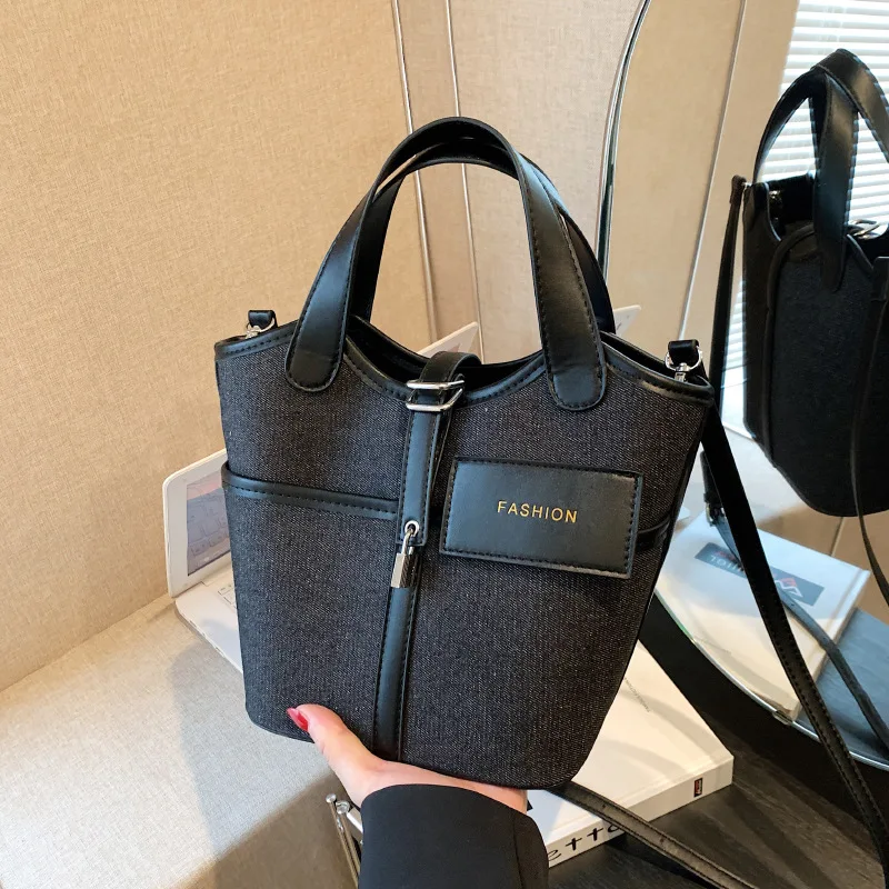 Women Fashion Handbag Large Capacity Canvas Single Shoulder Bag Contrasting Colors Simple Crossbody Bucket Bags Casual Versatile