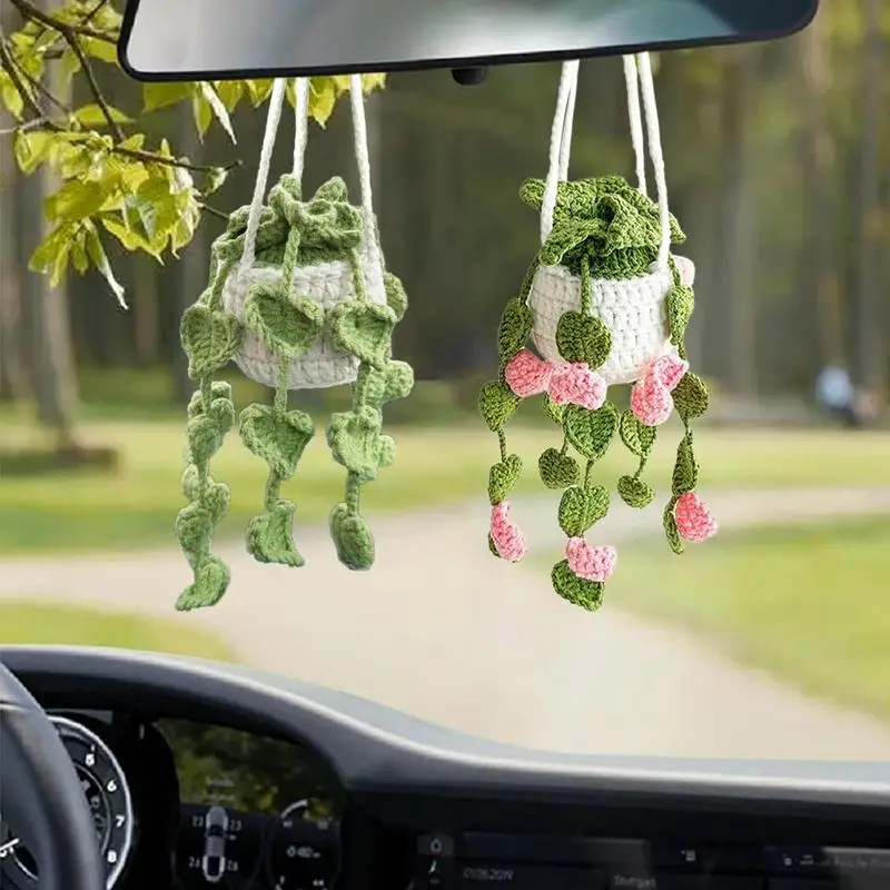 

Cute Potted Plants Car Crochet Ornament Knitted Flower Basket Pendant For Rear View Mirror Decor Auto Car Interior Accessories