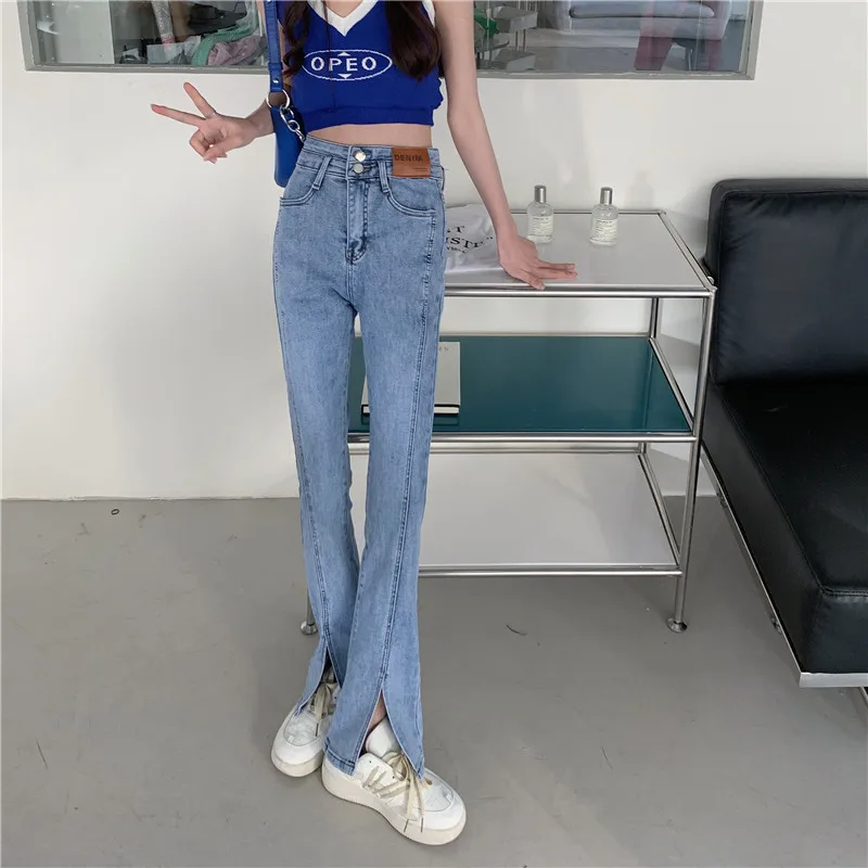 

N3218 Slit jeans women's new design sense high waist slit thin and mopping micro flared pants jeans