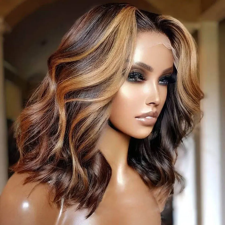 

24 inch Highlight Ombre Honey Blonde Deep Wave PrePlucked Glueless European HumanHair 13*6 Lace Front Wig For Black Women Daily