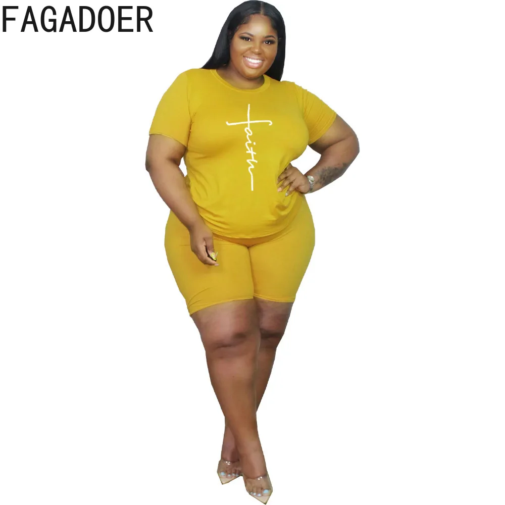 FAGADOER Casual Solid Plus Size Two Piece Set XL-5XL Women Round Neck Print Top + Biker Shorts Tracksuit Female Sport 2pcs Suits