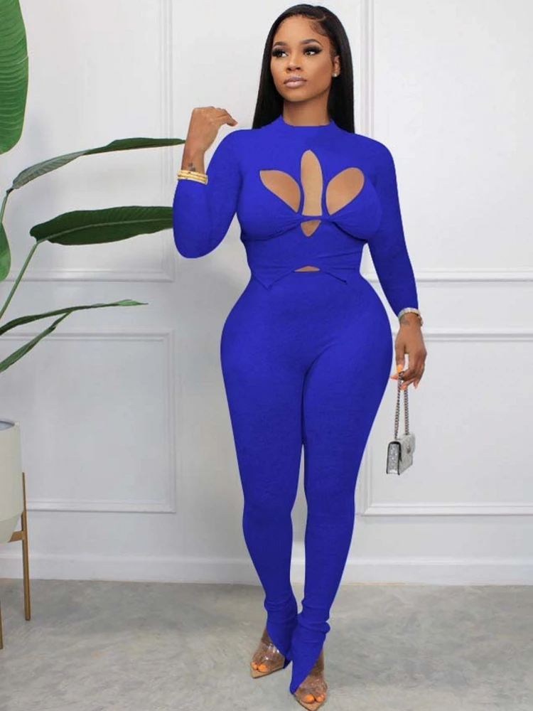 

2 Pieces Women's Sets 2022 Summer Autumn Sexy Nightclub Hollow Out Suit Crop Tops And Pants Suits Two Piece Set Tracksuit Outfit
