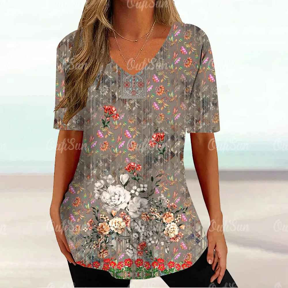 

Printed Vintage T Shirt Womens Summer Tees Floral Graphic Pullover Loose Size Clothing Quality V Neck Tops Basic Design Blouse