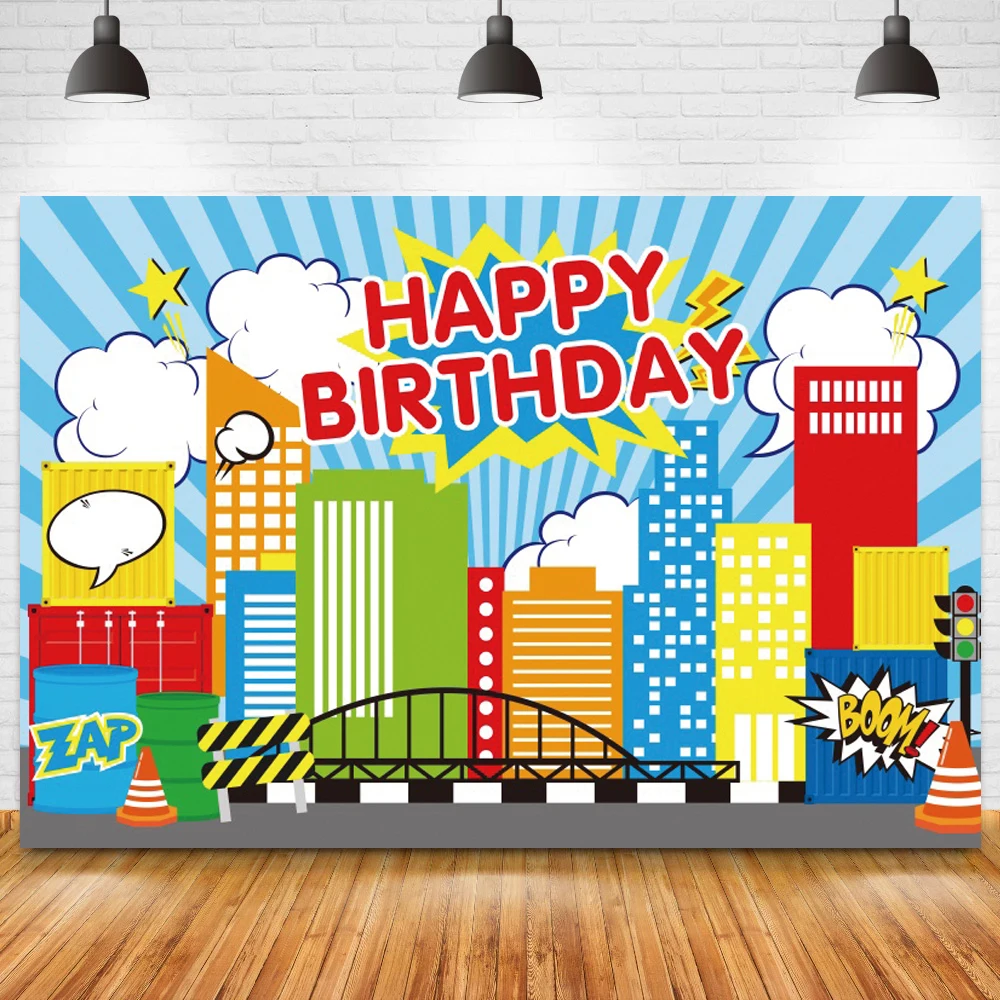 

Красочные Мультяшные здания супергерой комиксы фото фон новорожденный ребенок душ Дети День рождения фон вечевечерние стол Баннер