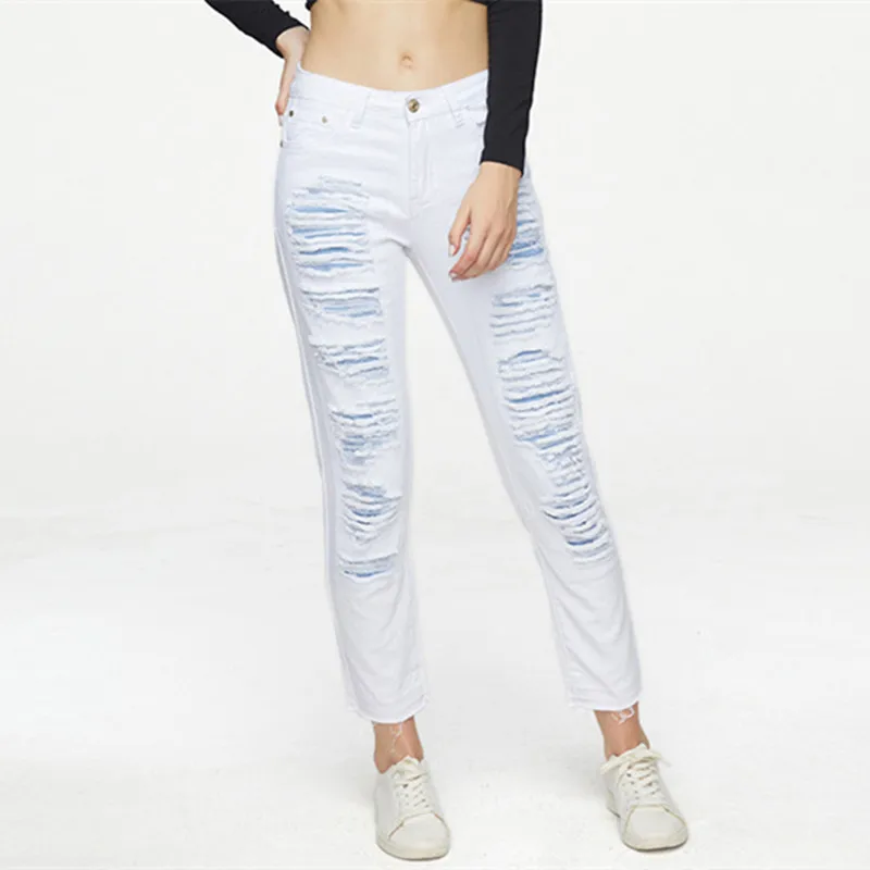 

White Distressed Curvy Jeans Women`s Mid High Waist Stretch Denim Pants Ripped Skinny Jeans For Woman Jean