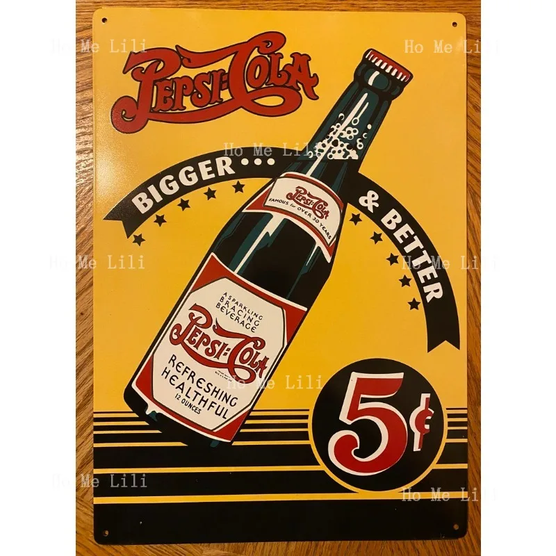 Фото Винтаж Pepsi Cola 5c Tin Bigger Better Металлический знак Человек Пещера Декор для гаража №1