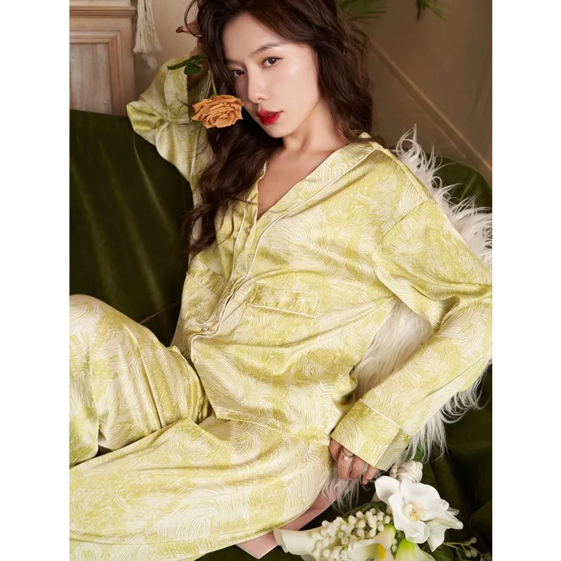 

Luxury Satin Printed Women Pajama Sets Spring Long Sleeve Cardigan&Pant Sleepwear Sexy V-neck Women's Nightwear Lounge Home Suit