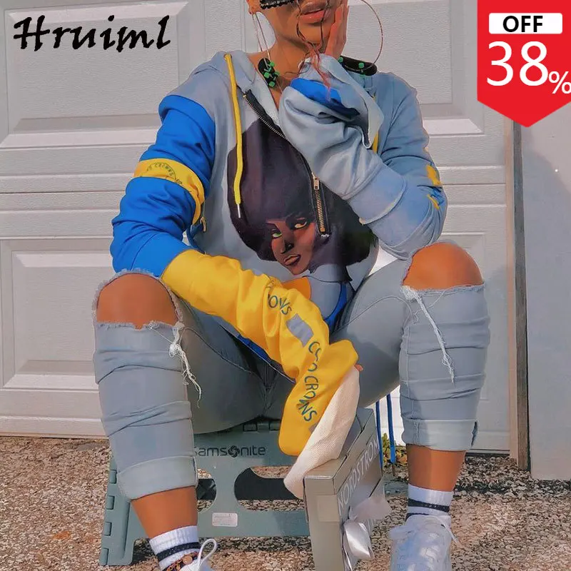 

Худи с принтом, Модное Новое поступление, женская одежда, повседневная свободная Спортивная уличная одежда с длинным рукавом и кулиской для...