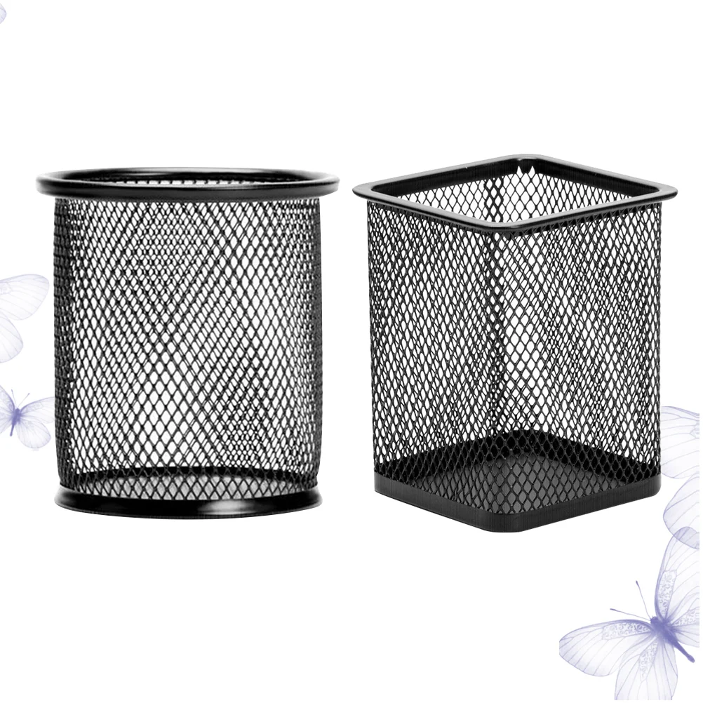 

2 Pcs Cynlinder Pen Holder Mesh Container Cylinder Cuboid Home Hollow Iron Office Storage desk