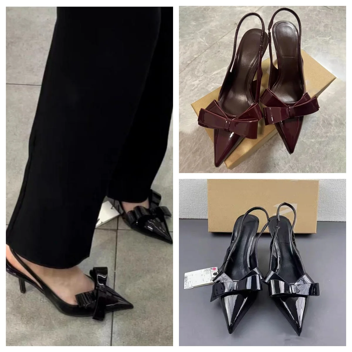 Туфли-лодочки женские с бантом на высоком каблуке острым носком