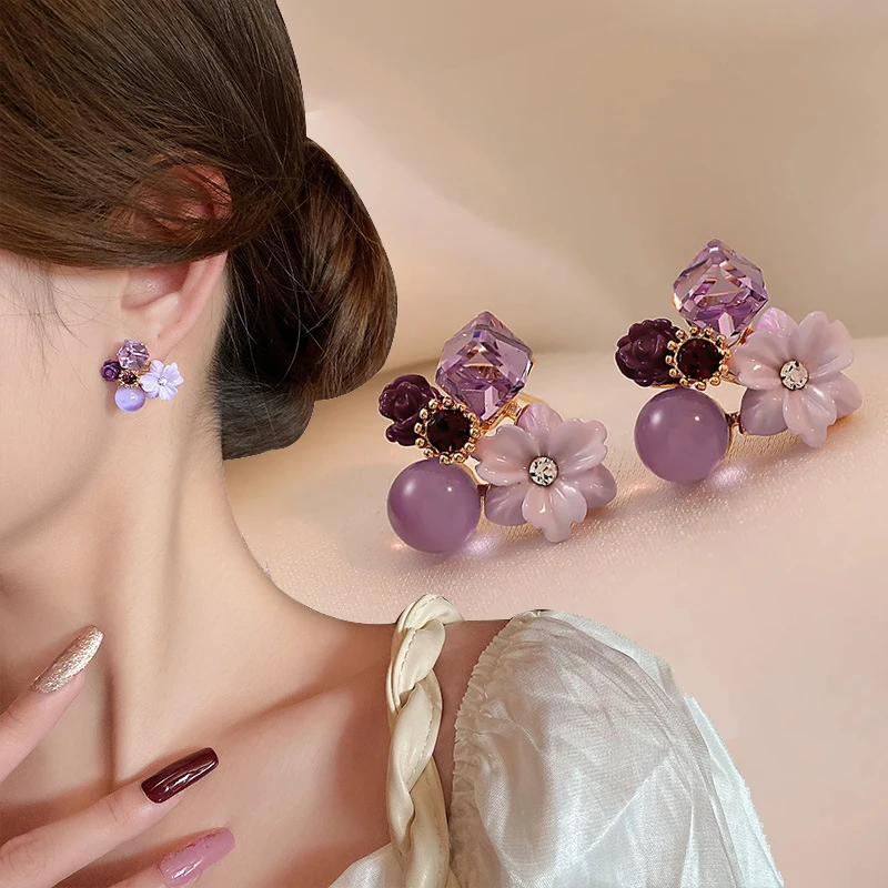 

Noble Purple Crystal Flower Stud Earrings For Woman Jewelry Wedding Party Girl's Elegance Accessories